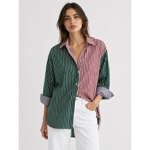 Zara Two-Tone Striped Button-Down Shirt in Green and Red